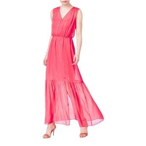 NWT ECI Deep Coral Sheer Sleeveless Shimmer Maxi Dress Sz L